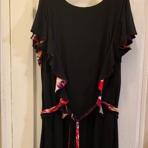 Flutter sleeve dress with bright floral print bottom border.